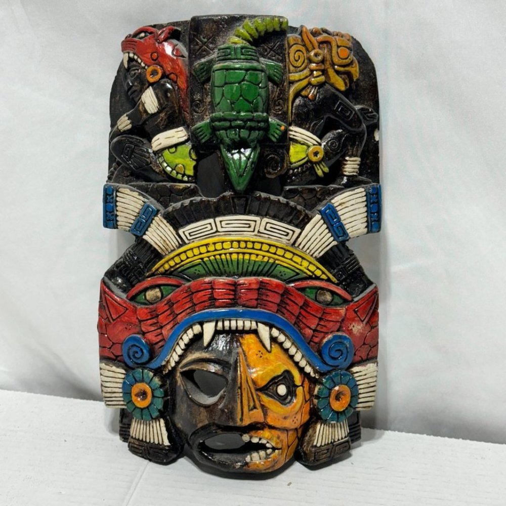 🏺Vintage Mayan Aztec 10" Mask: 3D Hand-Carved, Hand-Painted Stone Pottery